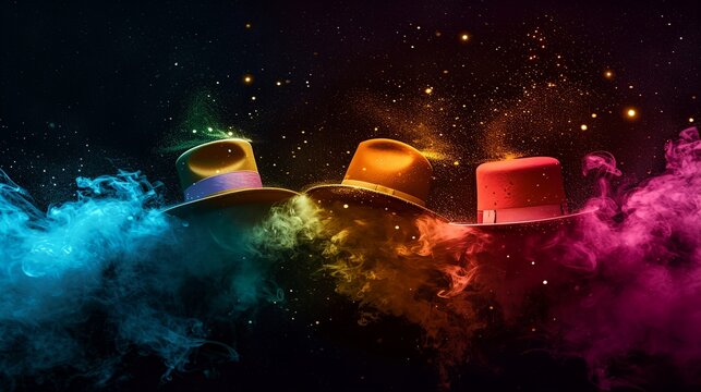 a group of hats with colored smoke in the background