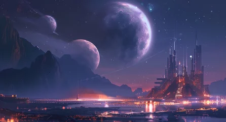 Poster A futuristic landscape with a distant star system in the background © progressman