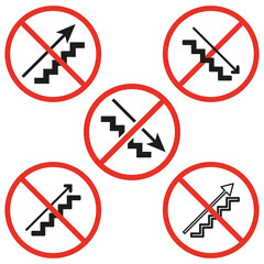 Prohibition signs with stairs and arrows. Negative space concept. Forbidden actions icons. Vector illustration. EPS 10.