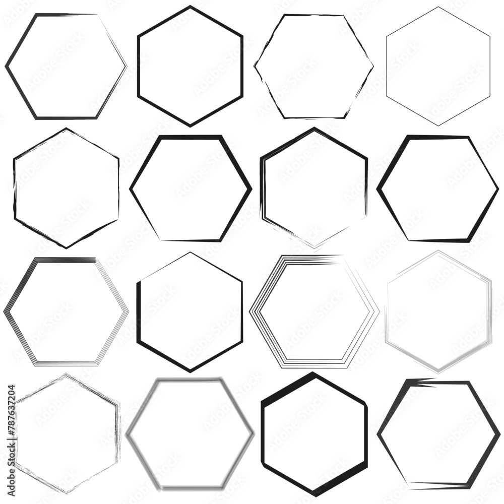 Poster set of hexagon outlines in varying styles. geometric shapes collection. modern design elements. vect