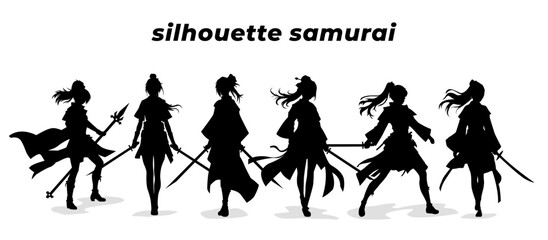 Samurai silhouette vector illustrations. Silhouettes Samurai collection. Vector of samurai silhouette. Vector of lady samurai silhouette.