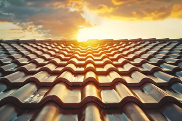 Obraz premium Sunset Horizon Over Terracotta Roof Tiles, Evoking Warmth and the End of a Day in a Suburban Setting