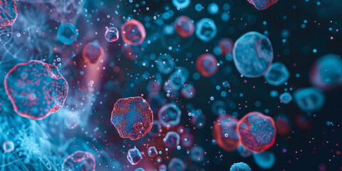 Small bacteria floating on a dark background in a style that merges light red and azure tones, layered mesh, circular shapes, hard-edge elements, and radiant clusters.