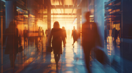 Business people traverse a hallway, their journey depicted in a style that conveys movement, material focus, and transportcore influences. - obrazy, fototapety, plakaty