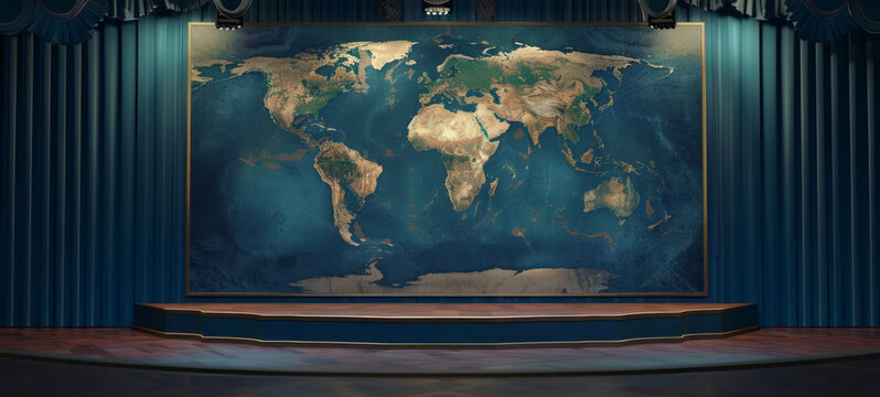 Fototapeta A stage with a world map and 3d light in a style that blends journalistic cartoons, navy and aquamarine hues, and lifelike accuracy.
