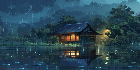 A Japanese home in the rain in a style that merges anime-inspired character designs, brushstroke fields, and villagecore elements.