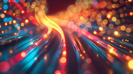 A fiber optic cable, surrounded by brightly lit wires, in a style that emphasizes blurred forms and internet-inspired elements. - obrazy, fototapety, plakaty