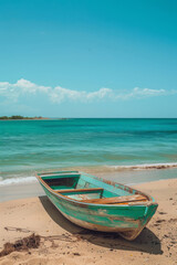 A boat on a beach in a style that includes dreamy and romantic compositions, and landscape elements.