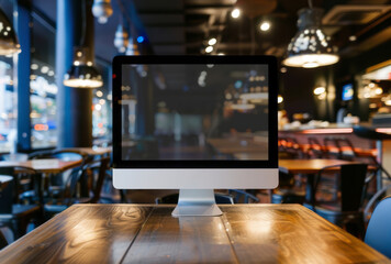 A computer sitting in the middle of a table at a restaurant in a style that merges dramatic cityscapes, minimalistic compositions, and cabincore. - obrazy, fototapety, plakaty