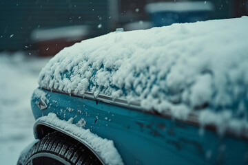 A car hood covered in snow with a tire is portrayed in a tactile and low-angle style. - obrazy, fototapety, plakaty