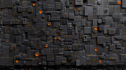 A 3d seamless dark tile pattern in black and orange in a style that includes cyberpunk, site-specific installation, futuristic spacecraft design, tightly cropped compositions, and wall sculpture.