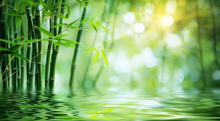 Obraz premium Bamboo Background with Foliage Mirrored in the Water. Made with Generative AI Technology