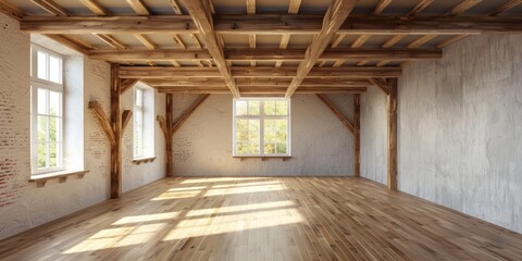 An empty room with wood beams and wooden floors in a style that includes rustic renaissance realism and mid-century aesthetics.