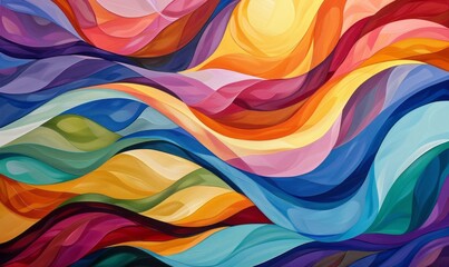 An abstract pattern of colorful flowing waves in a style that merges faith-inspired art, crystal cubism, richly colored skies, and leaf patterns.