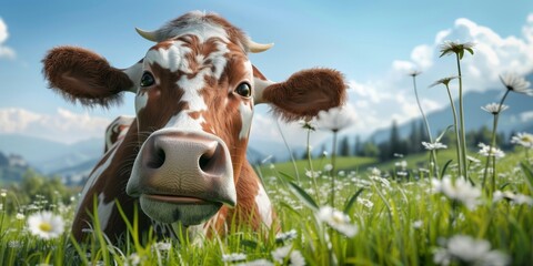 An elegant cow with its eyes wide open and a huge smile in a style that merges realistic scenery - obrazy, fototapety, plakaty
