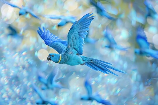 Vibrant image of a little blue parrot in mid-flight with wings outstretched against a backdrop of abstracted light.