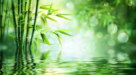 Bamboo Background with Foliage Mirrored in the Water. Made with Generative AI Technology