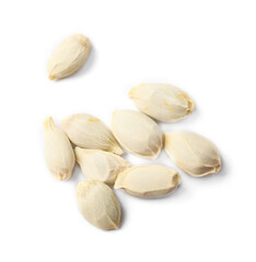 Many seeds of tangerine isolated on white, top view