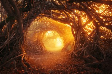 A mystical forest path with sunlight filtering through an arch of intertwined branches.