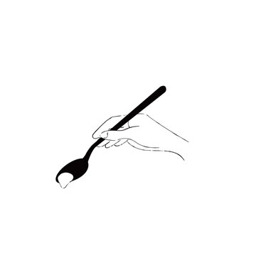 スプーンで一さじをすくう手のアップのイラスト　　隠し味　モノクロ　手書き風線画