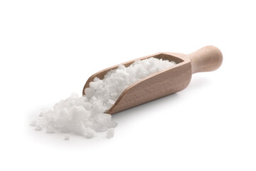 Natural salt in wooden scoop isolated on white