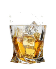 Whiskey splashing out of glass on white background