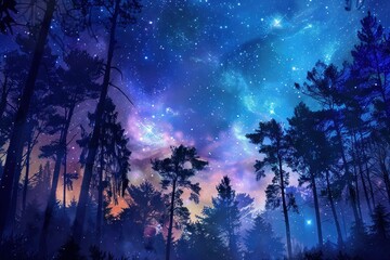A captivating forest under a starry sky, showcasing the beauty of nature at night.