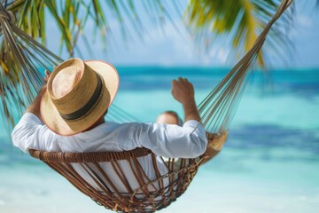 Man in a white shirt and straw hat relaxing in a hammock on a tropical beach.
