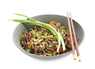 Stir-fry. Delicious cooked noodles with chicken in bowl and chopsticks isolated on white