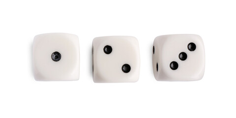 Three dices isolated on white, top view. Game cubes