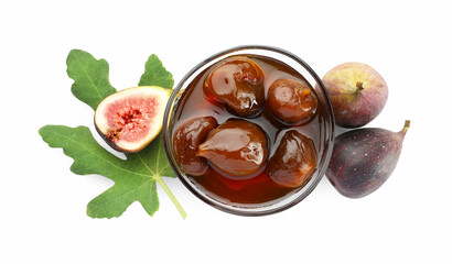 Bowl of tasty sweet jam, fresh figs and green leaf isolated on white, top view