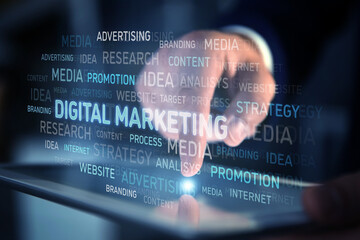 Digital marketing. Businessman touching tablet, closeup. Virtual word cloud over device