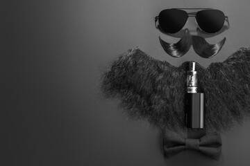 Flat lay composition with artificial moustache and sunglasses on black background, space for text