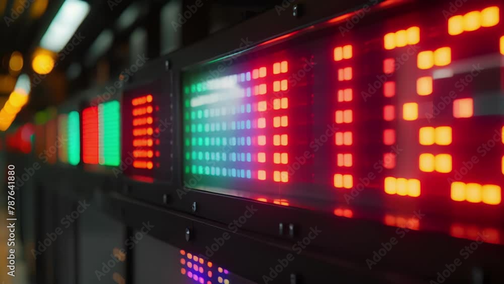 Poster the electronic scoreboard flashing bright colors and numbers to display the time and current score.