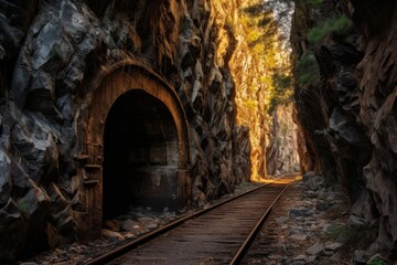 A Historic Railway Tunnel Carved Through a Mountain, Illuminated by the Fading Sunset, Echoing with the Ghosts of Trains Past