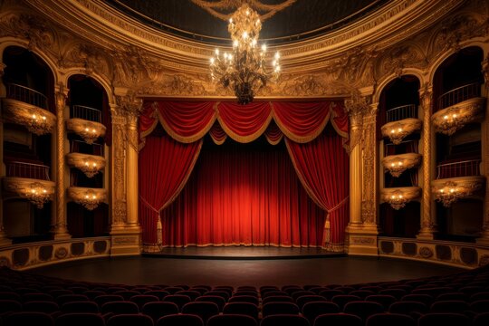 A Classical Theater Box Illuminated by Soft Candlelight, with Velvet Drapes and Ornate Gold Detailing, Capturing the Essence of 18th Century Drama