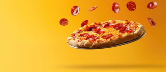 Innovative presentation of a mouth-watering pizza floating against a vibrant orange summer backdrop. Pizza pepperoni-themed flyer or poster designed for advertising promotions and discounts,