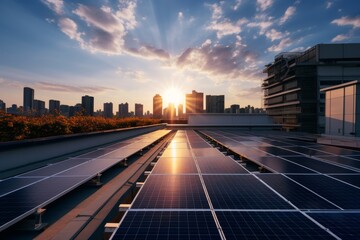 A Panoramic View of a Modern City Skyline Dominated by Rooftop Solar Farms, Reflecting the Golden Sunset - obrazy, fototapety, plakaty