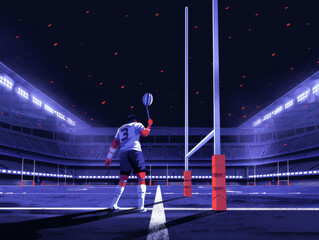 Fototapeta na wymiar Illustration of a rugby player catching a ball at night in a stadium with falling leaves