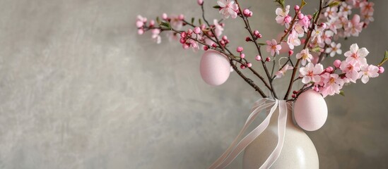Cream colored vase holds pink spring blooming branches decorated with pastel egg ornaments tied with ribbon, against a gray neutral backdrop.