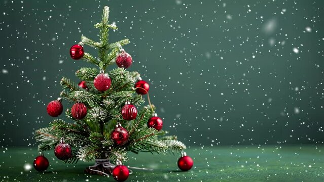 Christmas tree. Noel. Loop. Minimalistic background. Minimalistic style. Falling snowflakes. Falling snowflakes effect. Looped snow. Generative AI.