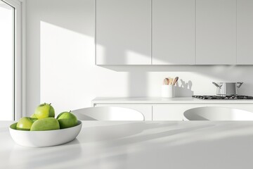 Bright kitchen interior with natural light, featuring green apples in a white bowl and modern cookware.