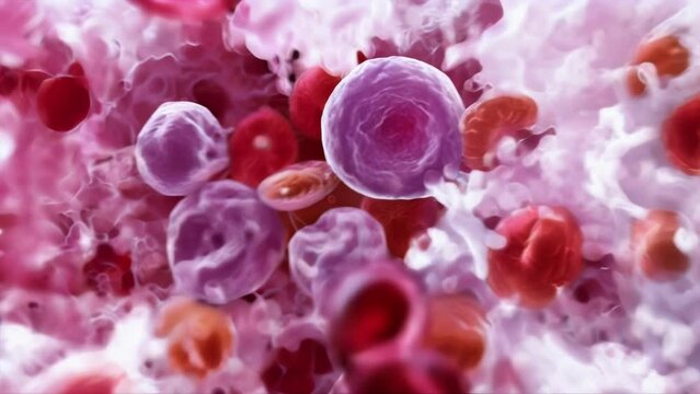 A microscopic view of a platelet a small discshaped cell that aids in clotting surrounded by red and white cells. . AI generation.