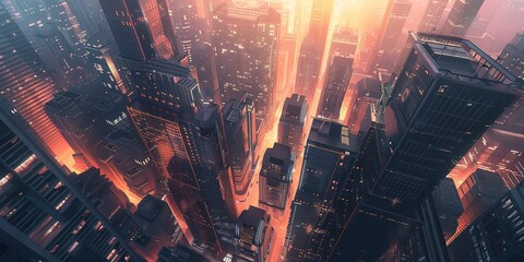 Futuristic city at dawn, skyscrapers with glowing windows, birds-eye view, warm lighting. 