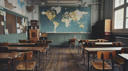 A view of an empty classroom with wooden desks and chairs, and a whiteboard displaying a map of the world.