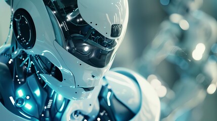 Advanced AI robot assembling gadgets, close-up, bright clinical lighting, sharp focus.