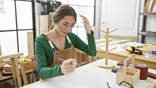 Furious hispanic carpenter woman, seething in rage, sits in joiner's workshop unleashing sweaty frustration, shouting and screaming in anger at indoor carpentry stage