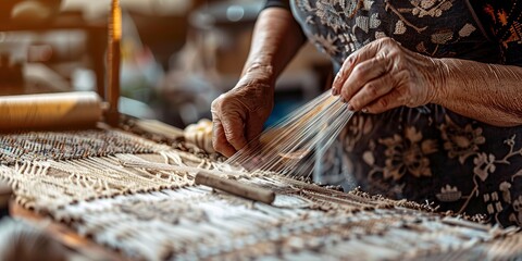 Artisan workshop in village, crafting traditional textiles, close-up, natural lighting.  - obrazy, fototapety, plakaty