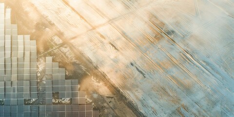 Solar farm sprawling across desert, bright midday light, aerial view, clean renewable energy. 