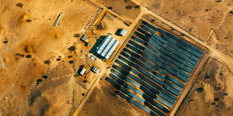 Solar farm sprawling across desert, bright midday light, aerial view, clean renewable energy. 